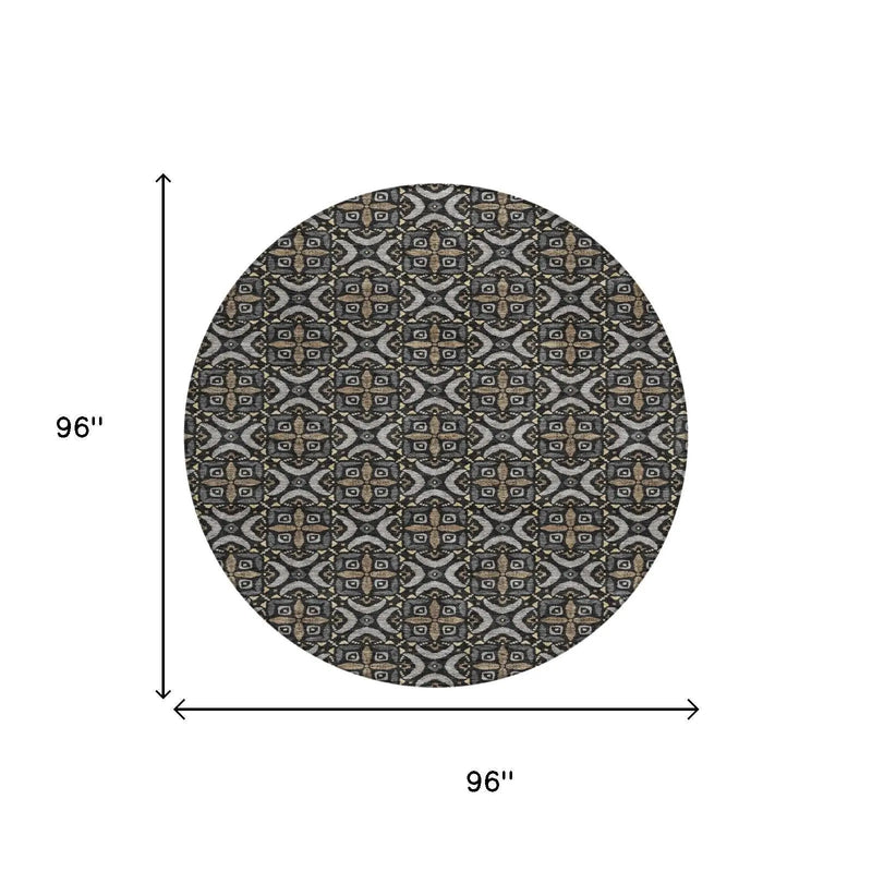 8' Black And Graphite Round Geometric Washable Indoor Outdoor Area Rug Homeroots Outdoor