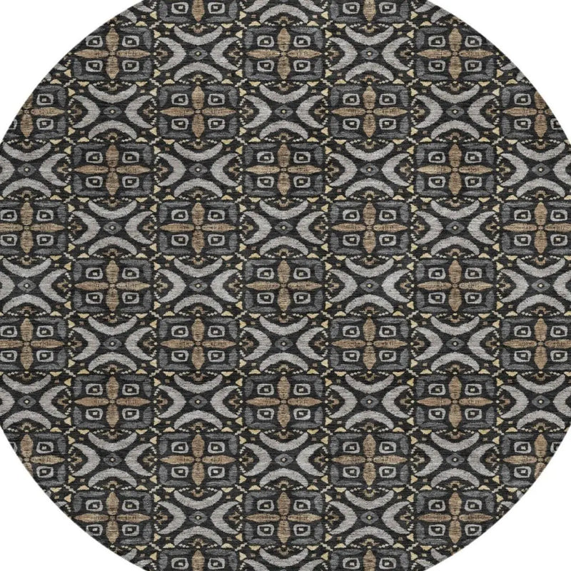 8' Black And Graphite Round Geometric Washable Indoor Outdoor Area Rug Homeroots Outdoor