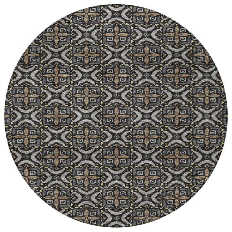 8' Black And Graphite Round Geometric Washable Indoor Outdoor Area Rug Homeroots Outdoor