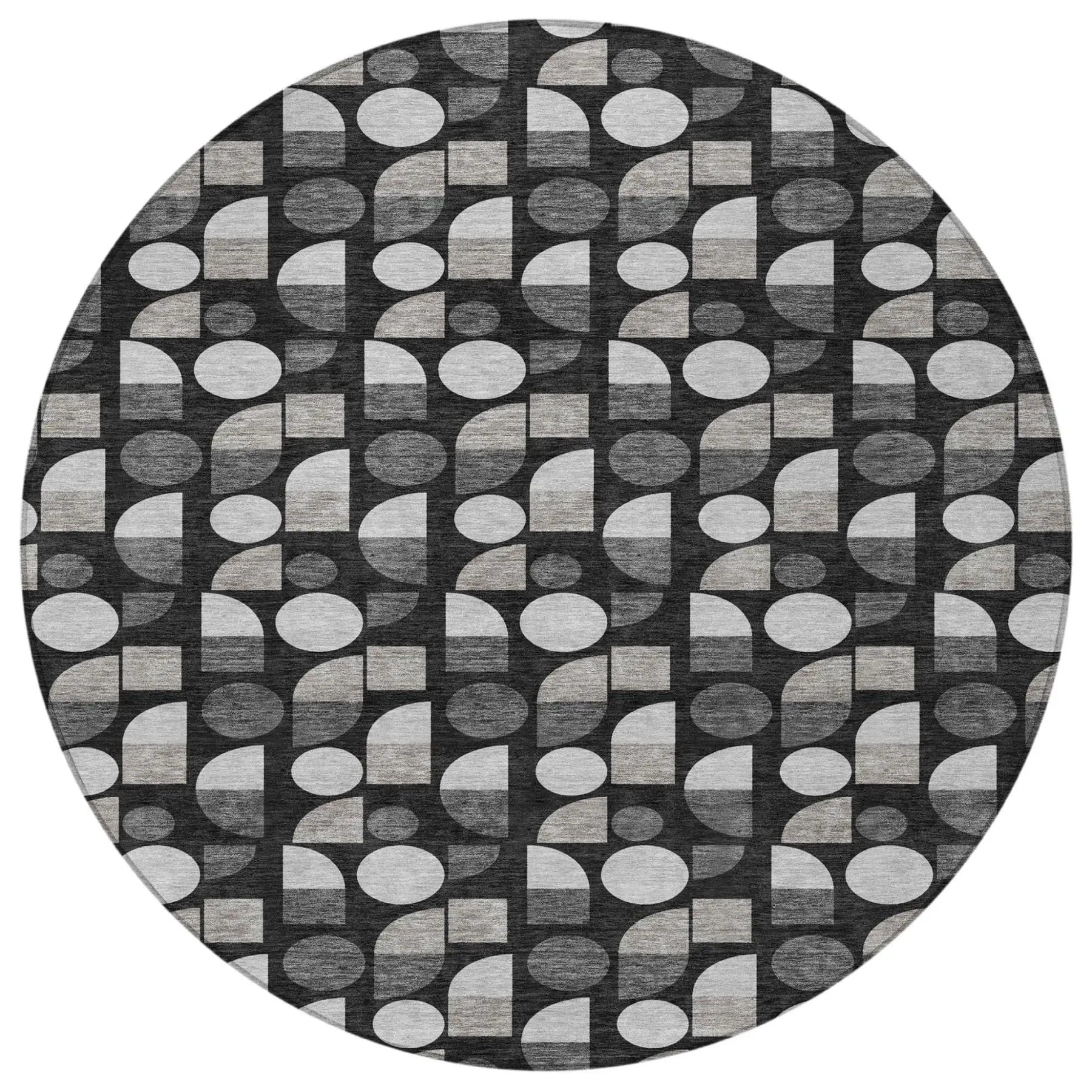 8' Black And Graphite Round Geometric Washable Indoor Outdoor Area Rug Homeroots Outdoor