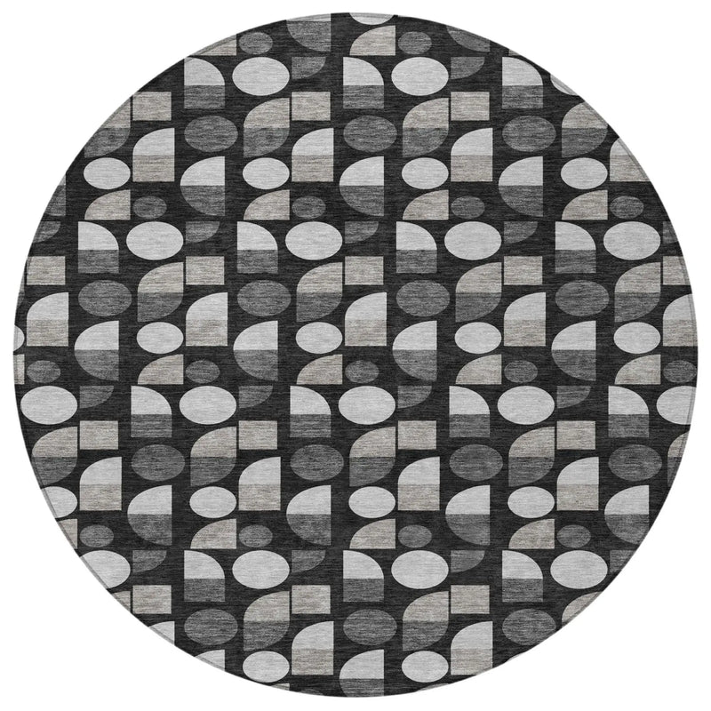 8' Black And Graphite Round Geometric Washable Indoor Outdoor Area Rug Homeroots Outdoor