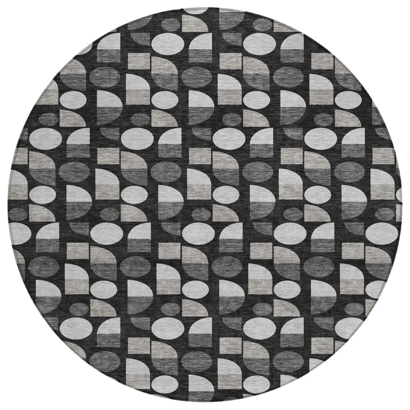 8' Black And Graphite Round Geometric Washable Indoor Outdoor Area Rug Homeroots Outdoor