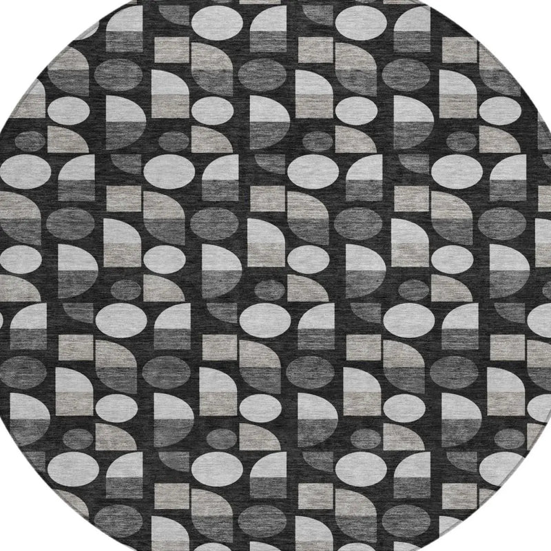 8' Black And Graphite Round Geometric Washable Indoor Outdoor Area Rug Homeroots Outdoor