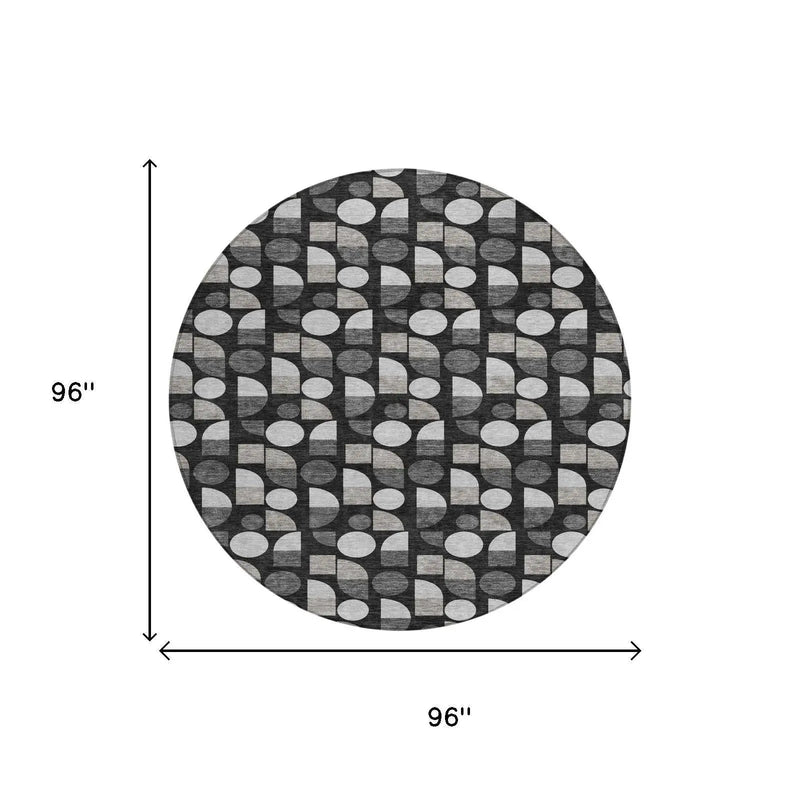 8' Black And Graphite Round Geometric Washable Indoor Outdoor Area Rug Homeroots Outdoor