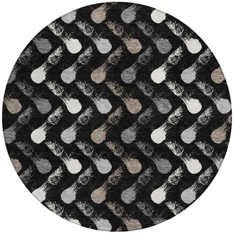 8' Black And Graphite Round Geometric Washable Indoor Outdoor Area Rug Homeroots Outdoor