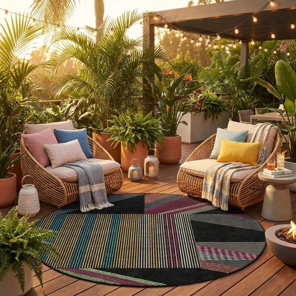 8' Black And Graphite Round Geometric Washable Indoor Outdoor Area Rug Homeroots Outdoor