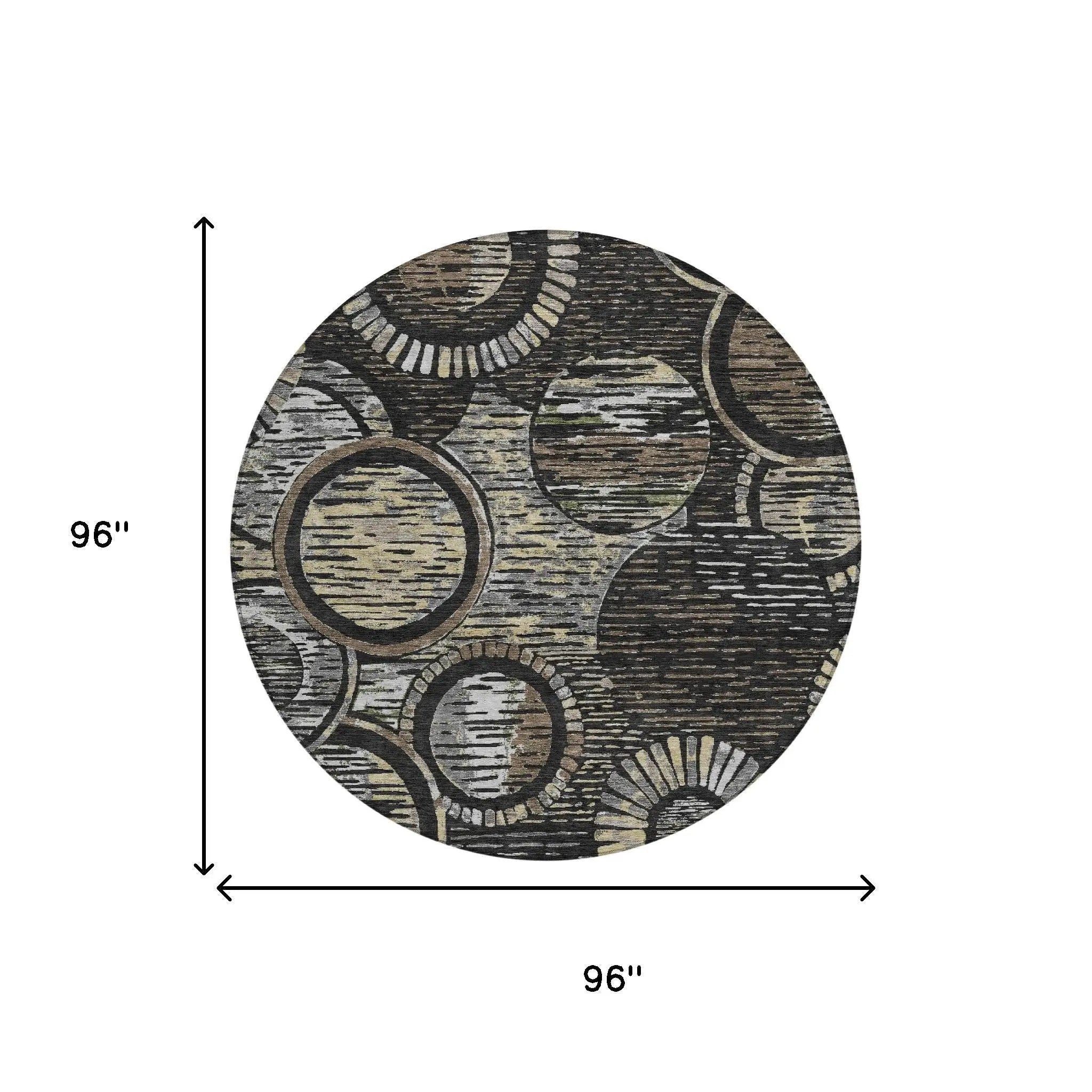 8' Black And Graphite Round Geometric Washable Indoor Outdoor Area Rug Homeroots Outdoor