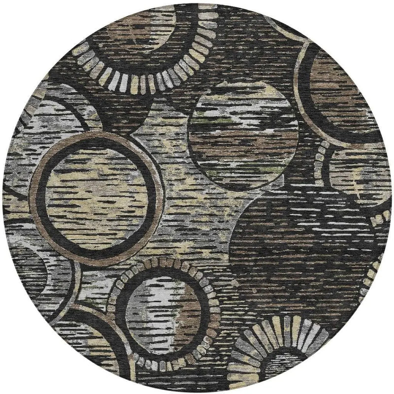 8' Black And Graphite Round Geometric Washable Indoor Outdoor Area Rug Homeroots Outdoor