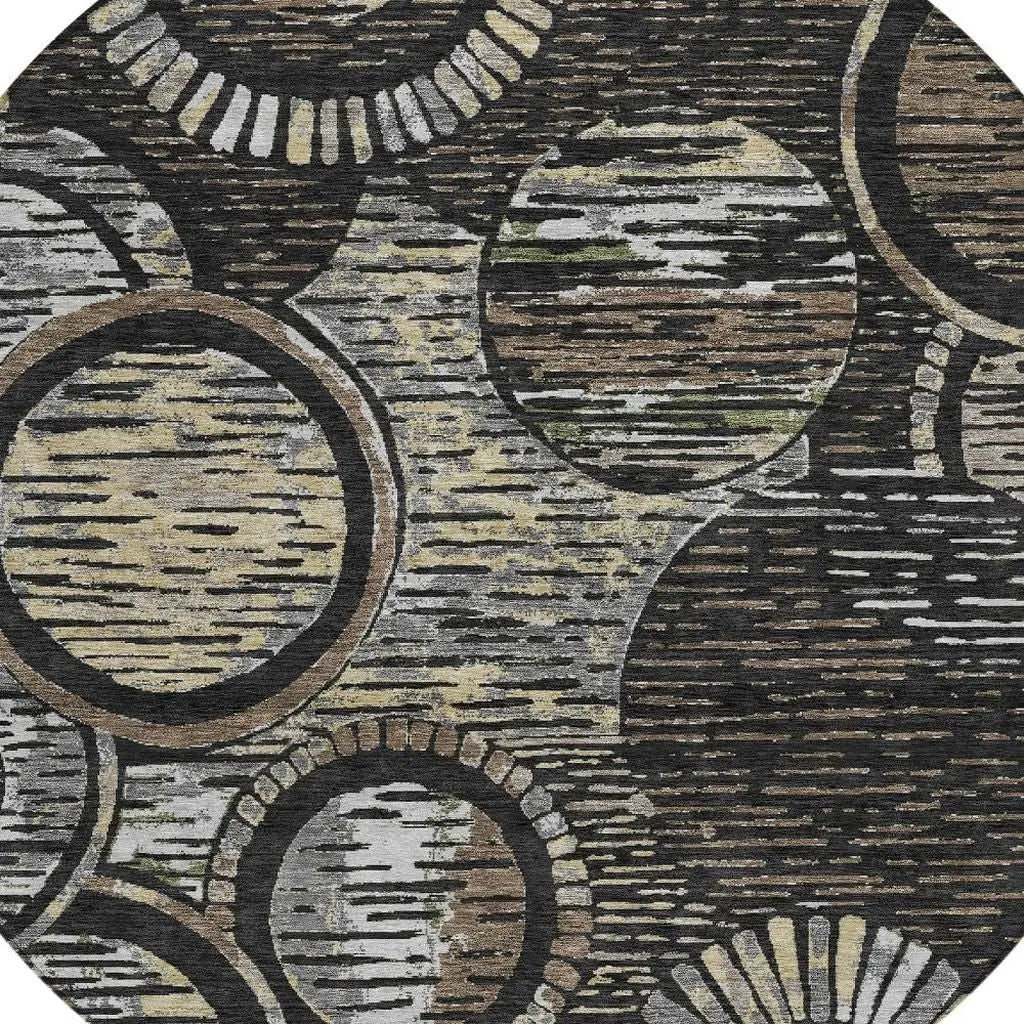 8' Black And Graphite Round Geometric Washable Indoor Outdoor Area Rug Homeroots Outdoor
