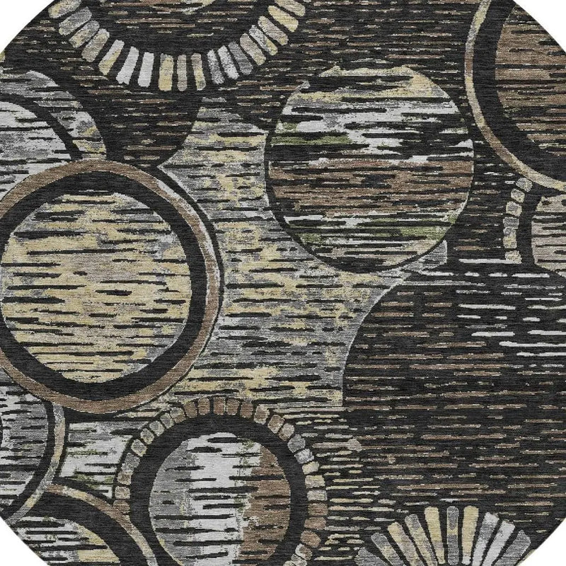 8' Black And Graphite Round Geometric Washable Indoor Outdoor Area Rug Homeroots Outdoor
