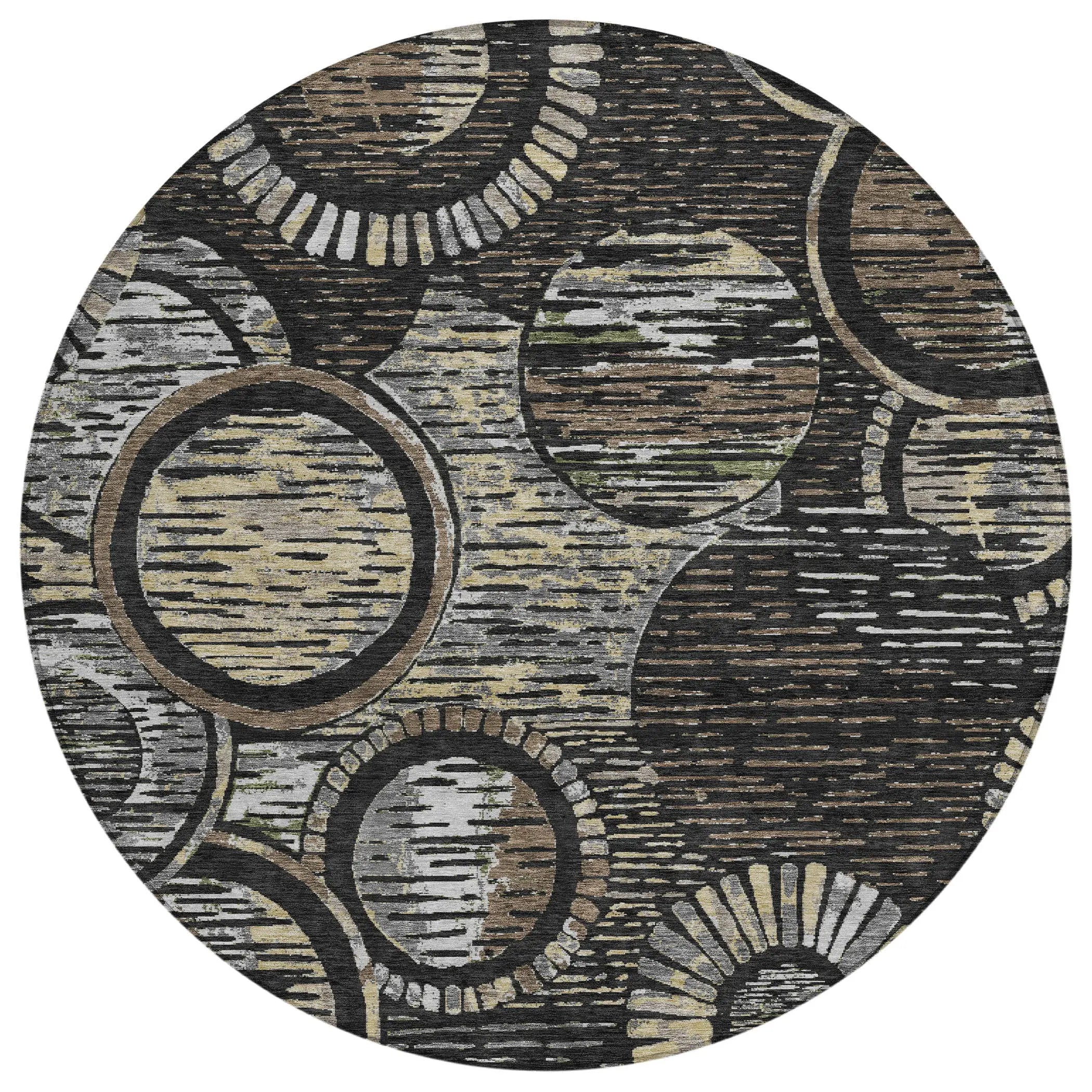8' Black And Graphite Round Geometric Washable Indoor Outdoor Area Rug Homeroots Outdoor