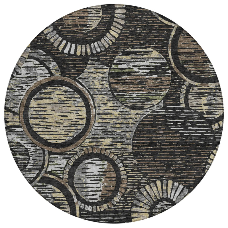 8' Black And Graphite Round Geometric Washable Indoor Outdoor Area Rug Homeroots Outdoor