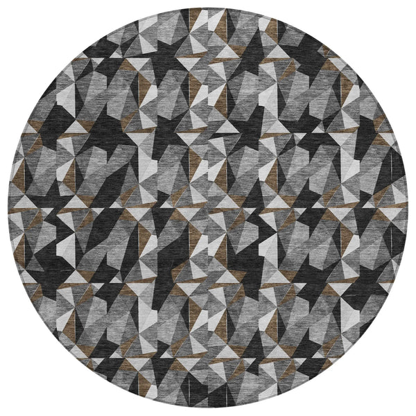 8' Black And Graphite Round Geometric Washable Indoor Outdoor Area Rug Homeroots Outdoor