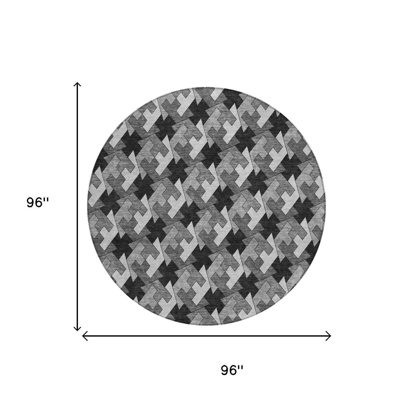 8' Black And Graphite Round Geometric Washable Indoor Outdoor Area Rug Homeroots Outdoor