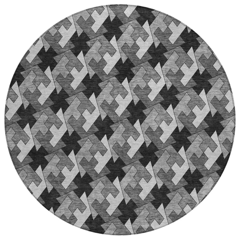 8' Black And Graphite Round Geometric Washable Indoor Outdoor Area Rug Homeroots Outdoor