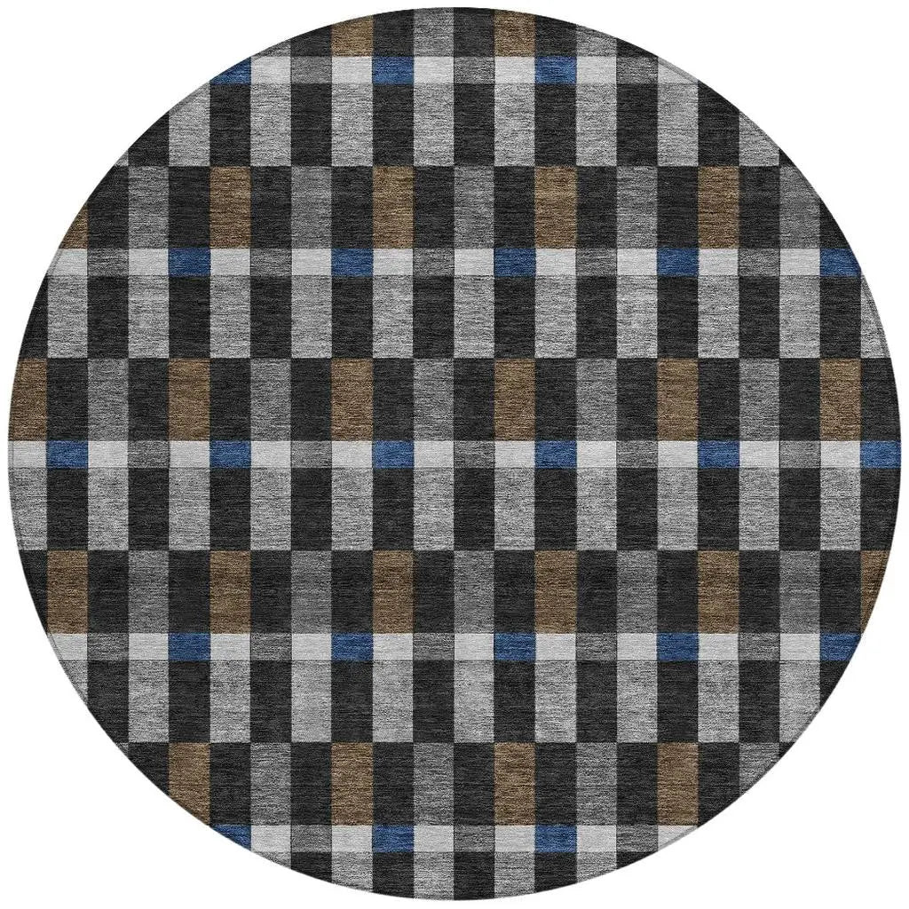 8' Black And Graphite Round Geometric Washable Indoor Outdoor Area Rug Homeroots Outdoor