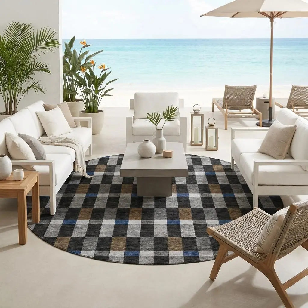 8' Black And Graphite Round Geometric Washable Indoor Outdoor Area Rug Homeroots Outdoor