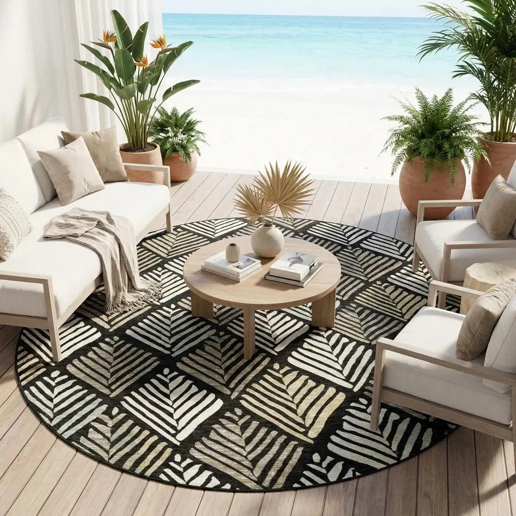 8' Black And Graphite Round Geometric Washable Indoor Outdoor Area Rug Homeroots Outdoor
