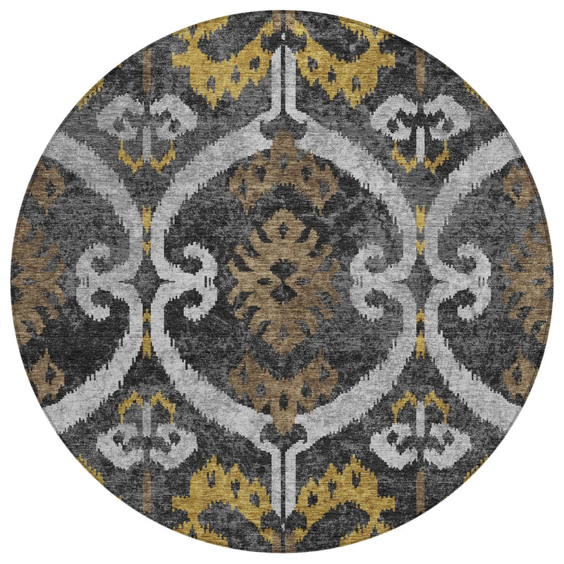 8' Black And Graphite Round Ikat Washable Indoor Outdoor Area Rug Homeroots Outdoor