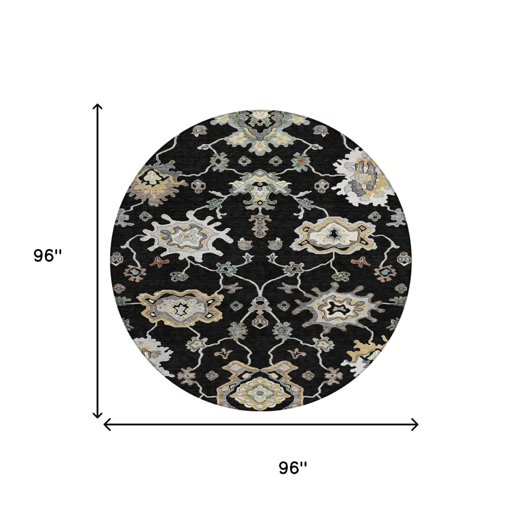 8' Black And Graphite Round Oriental Washable Indoor Outdoor Area Rug Homeroots Outdoor
