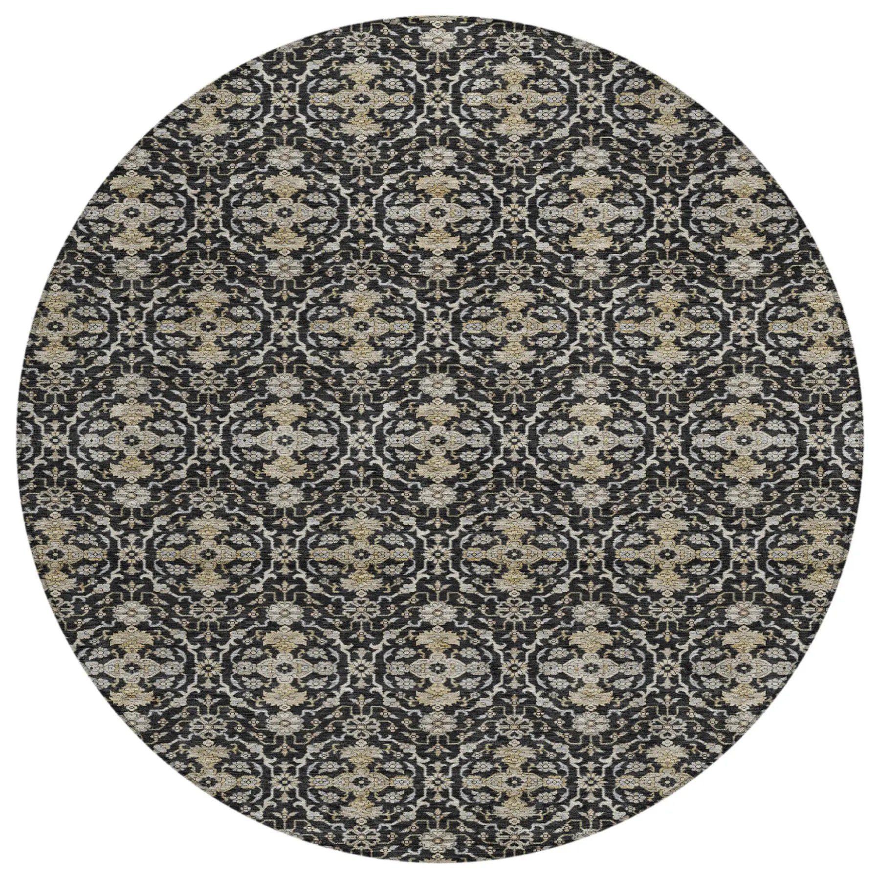 8' Black And Graphite Round Oriental Washable Indoor Outdoor Area Rug Homeroots Outdoor