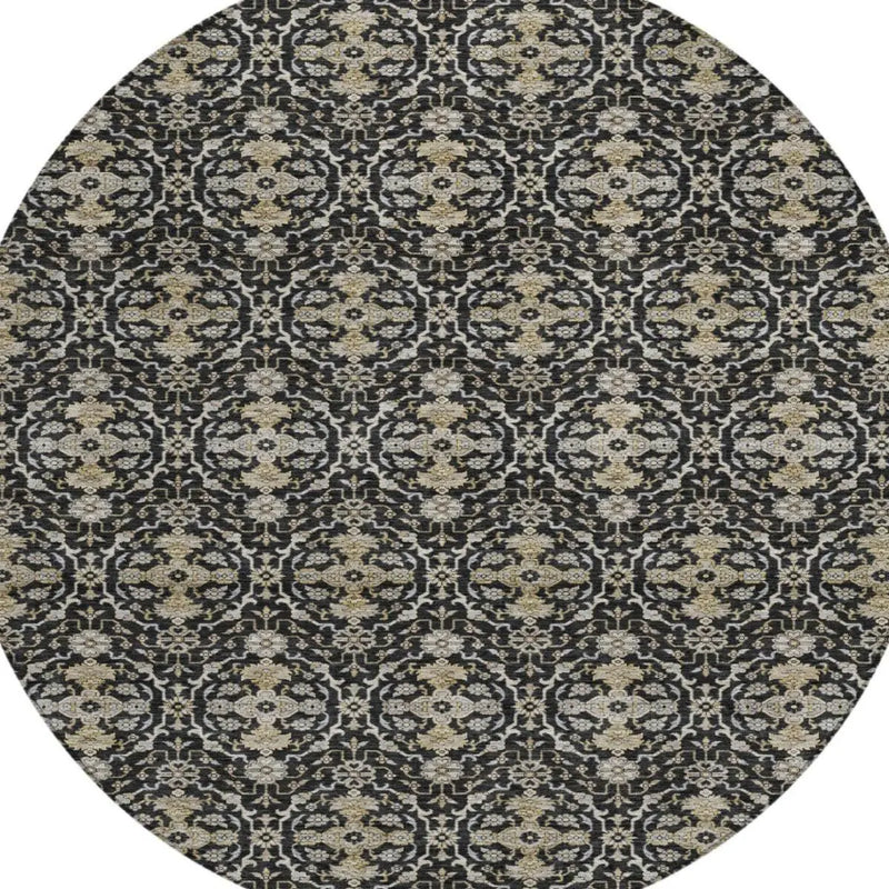 8' Black And Graphite Round Oriental Washable Indoor Outdoor Area Rug Homeroots Outdoor