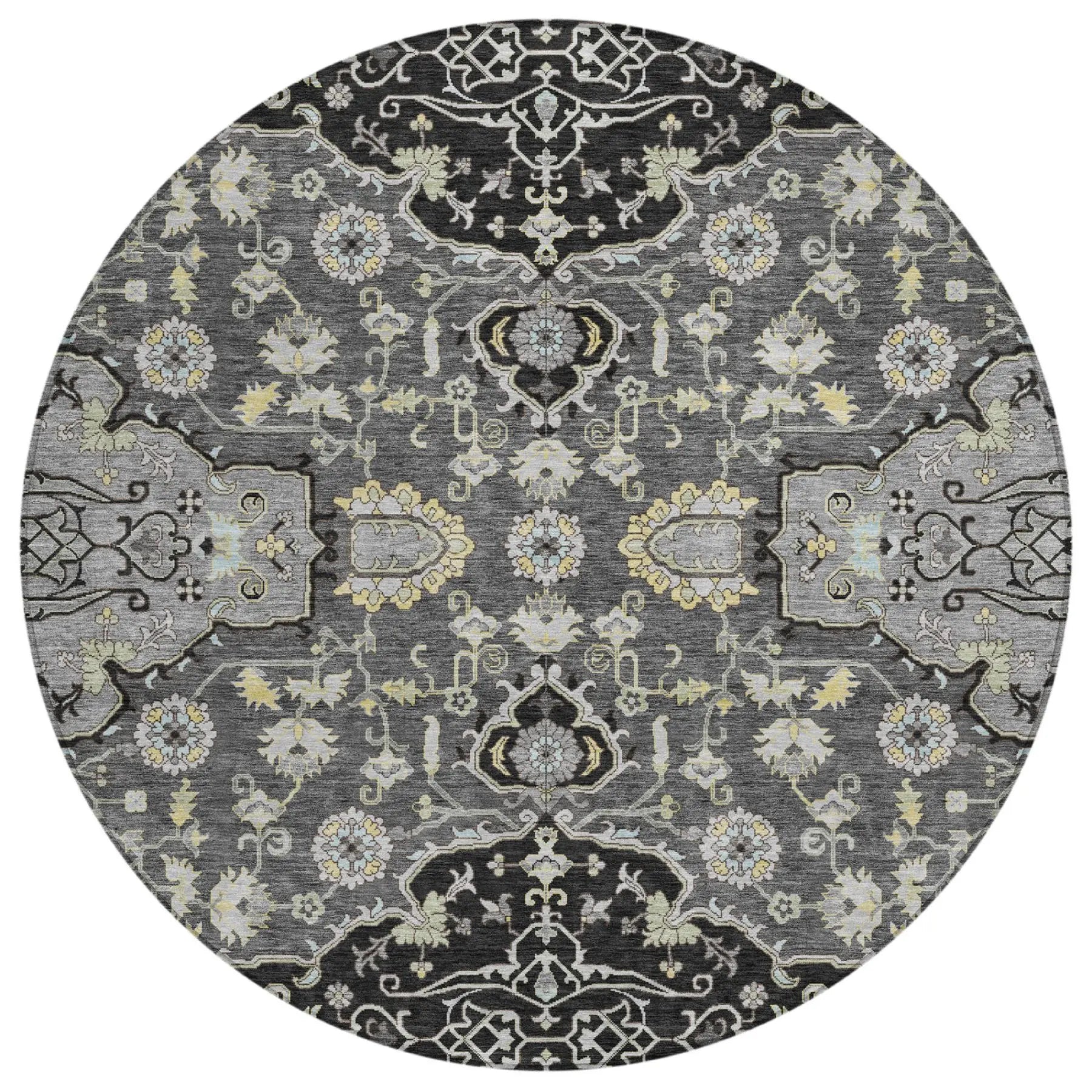 8' Black And Graphite Round Oriental Washable Indoor Outdoor Area Rug Homeroots Outdoor