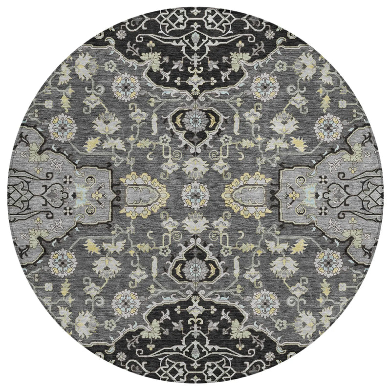 8' Black And Graphite Round Oriental Washable Indoor Outdoor Area Rug Homeroots Outdoor