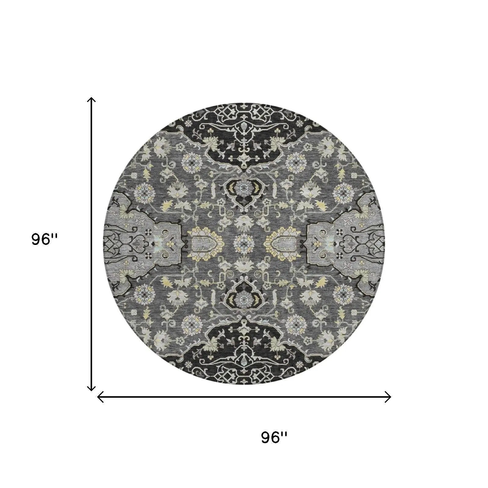 8' Black And Graphite Round Oriental Washable Indoor Outdoor Area Rug Homeroots Outdoor