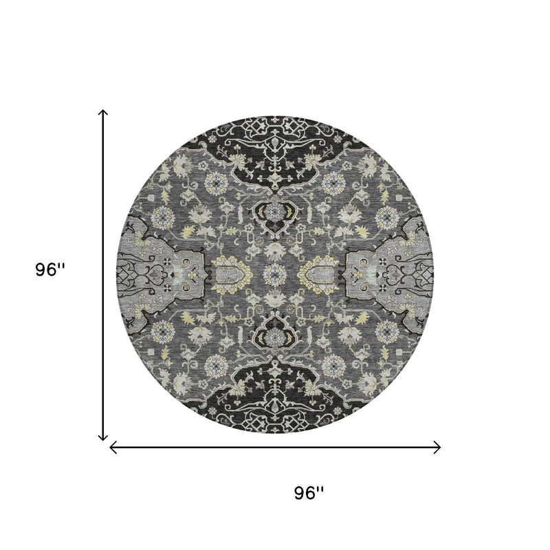 8' Black And Graphite Round Oriental Washable Indoor Outdoor Area Rug Homeroots Outdoor
