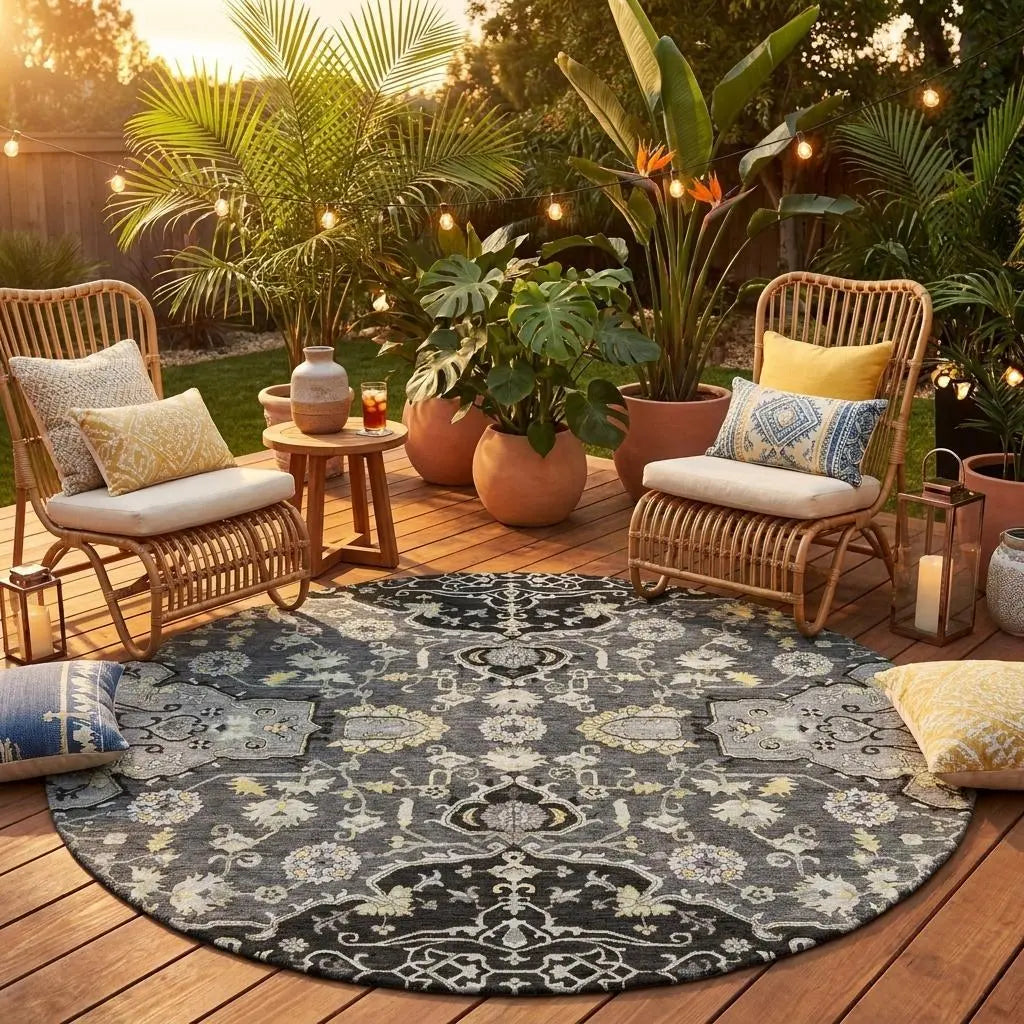 8' Black And Graphite Round Oriental Washable Indoor Outdoor Area Rug Homeroots Outdoor