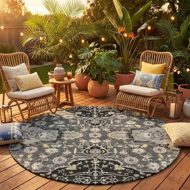 8' Black And Graphite Round Oriental Washable Indoor Outdoor Area Rug Homeroots Outdoor