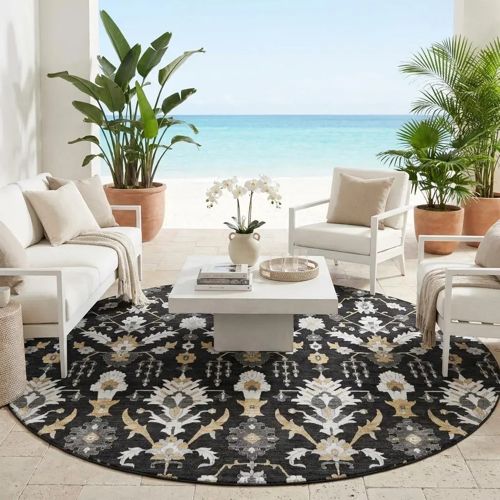 8' Black And Graphite Round Oriental Washable Indoor Outdoor Area Rug Homeroots Outdoor