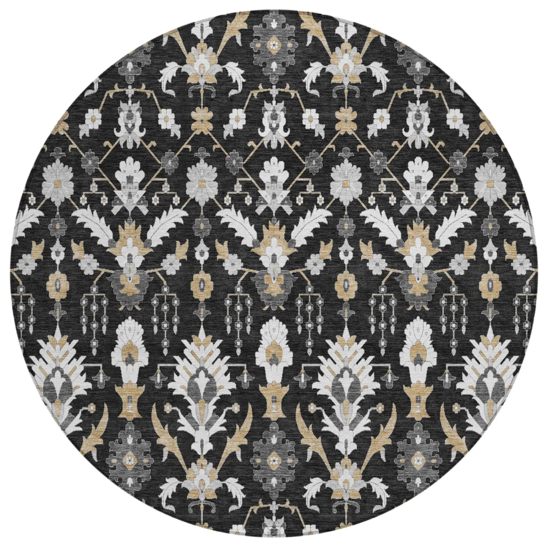 8' Black And Graphite Round Oriental Washable Indoor Outdoor Area Rug Homeroots Outdoor