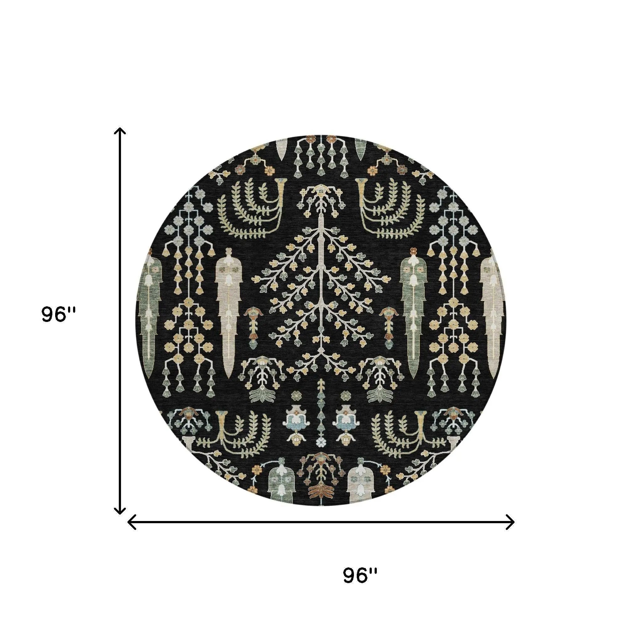 8' Black And Graphite Round Oriental Washable Indoor Outdoor Area Rug Homeroots Outdoor