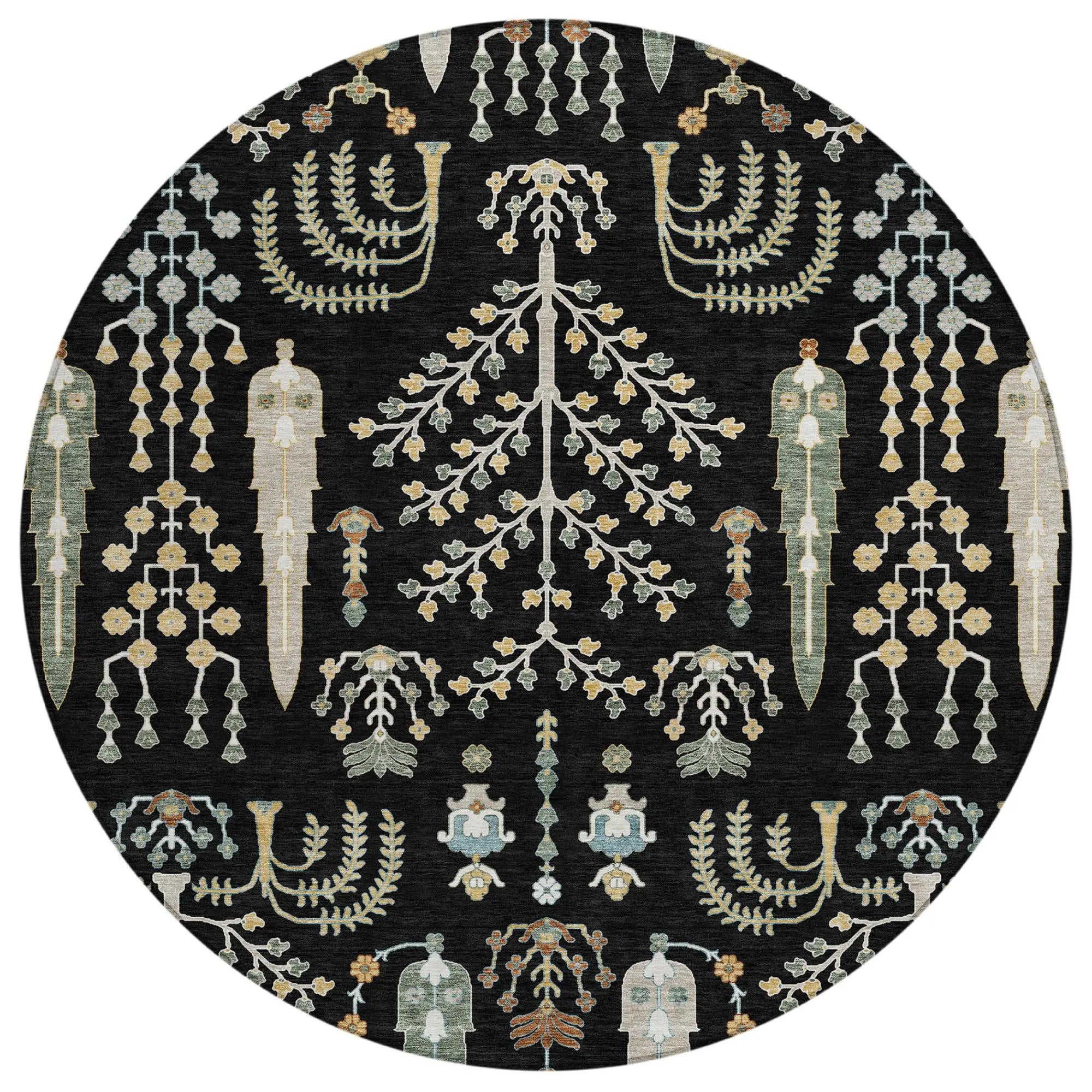 8' Black And Graphite Round Oriental Washable Indoor Outdoor Area Rug Homeroots Outdoor