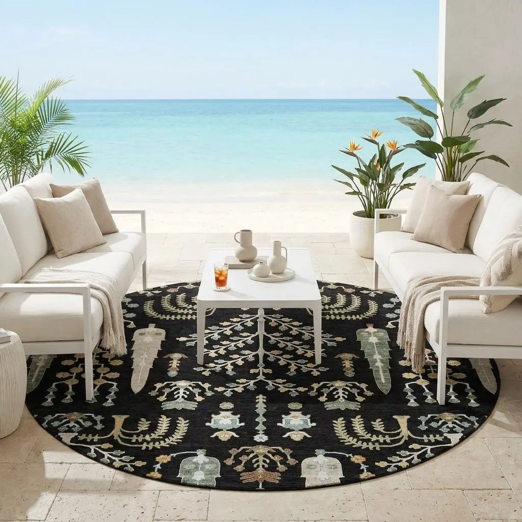 8' Black And Graphite Round Oriental Washable Indoor Outdoor Area Rug Homeroots Outdoor
