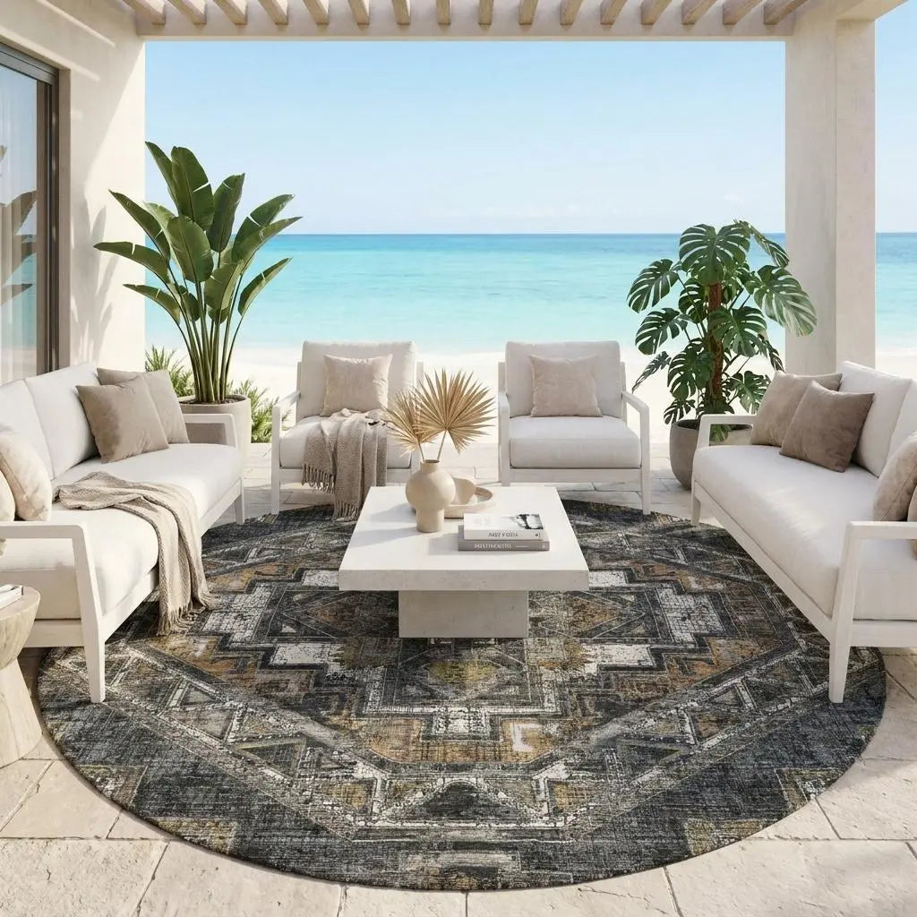 8' Black And Graphite Round Southwestern Washable Indoor Outdoor Area Rug Homeroots Outdoor