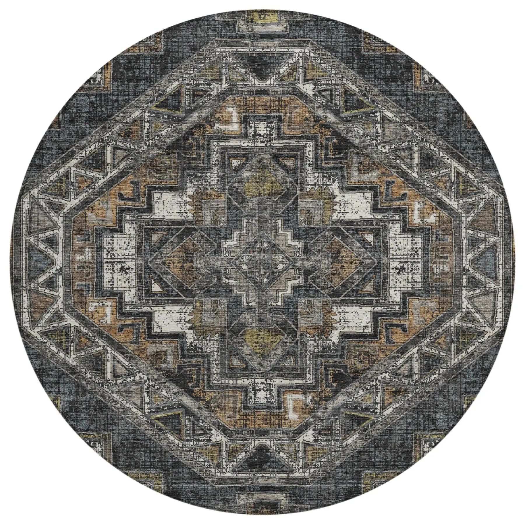 8' Black And Graphite Round Southwestern Washable Indoor Outdoor Area Rug Homeroots Outdoor