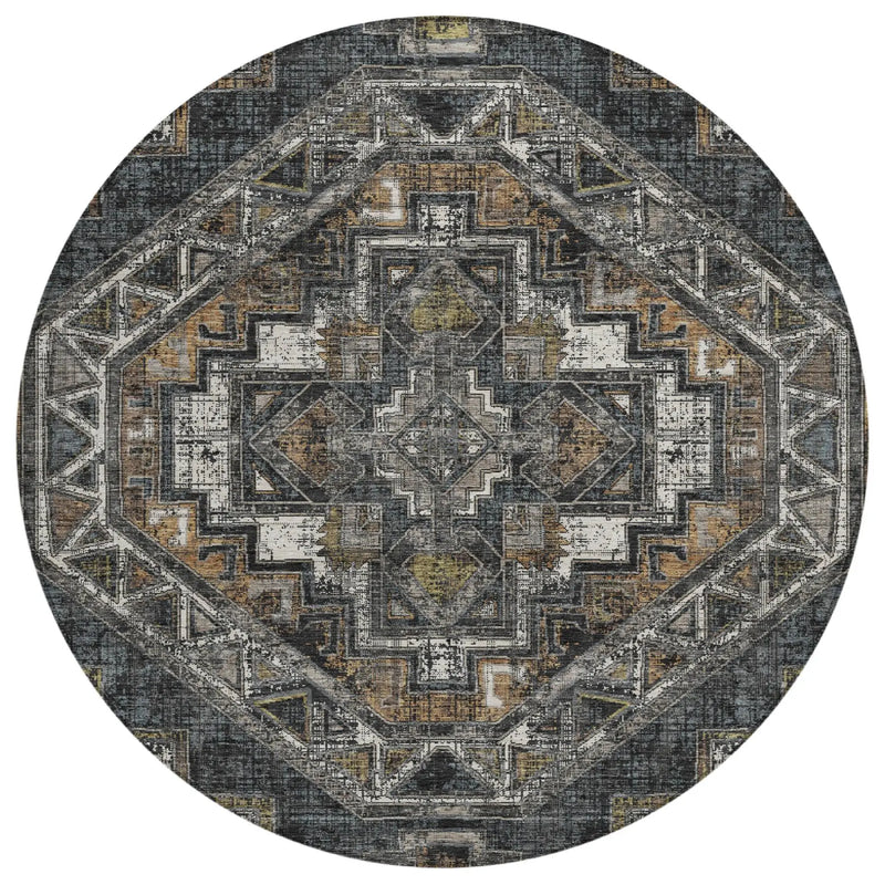 8' Black And Graphite Round Southwestern Washable Indoor Outdoor Area Rug Homeroots Outdoor