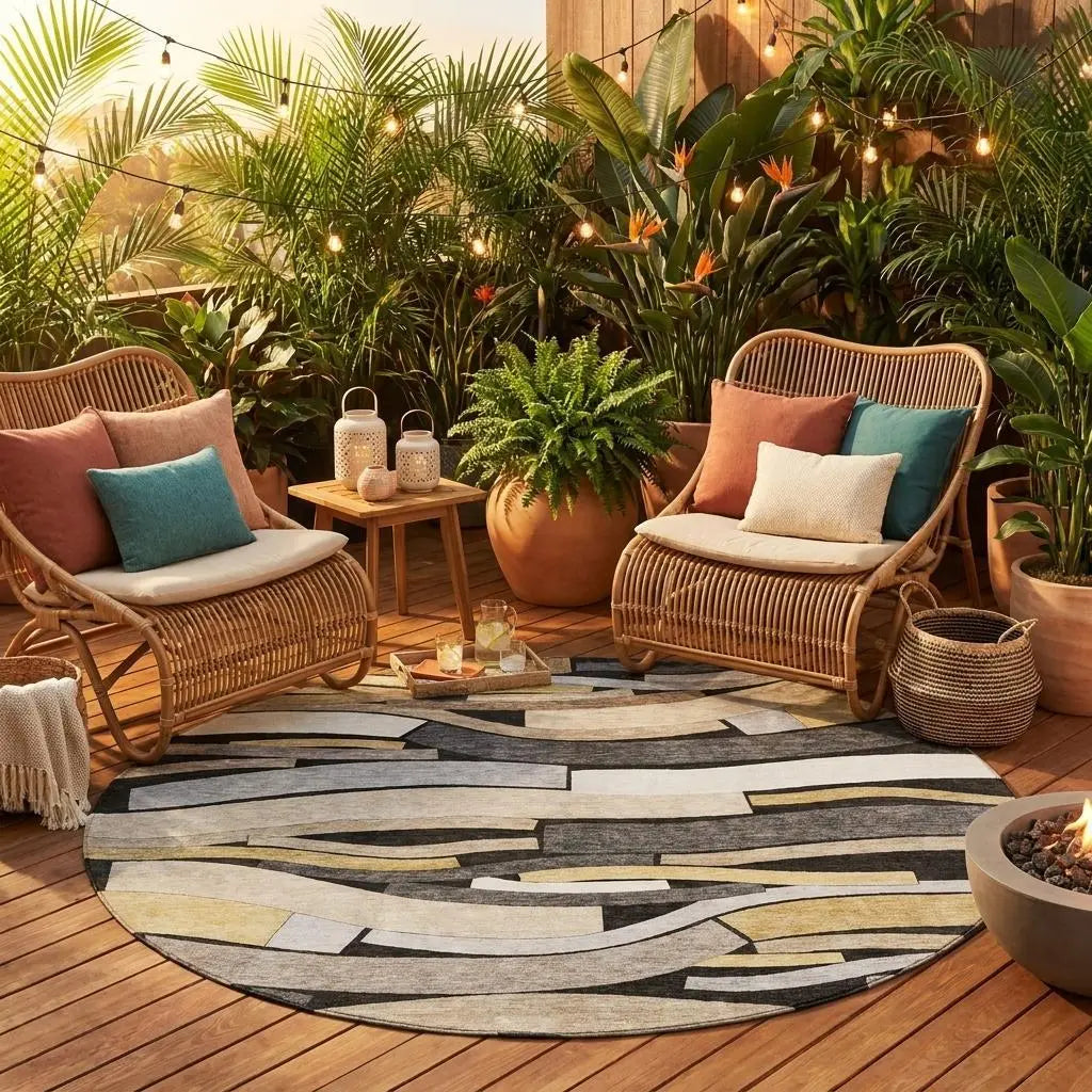 Round area rug with a gray, beige, and yellow abstract design, perfect for outdoor patios or boho-style decor.