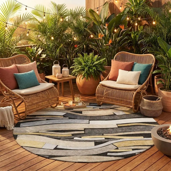 Round area rug with a gray, beige, and yellow abstract design, perfect for outdoor patios or boho-style decor.