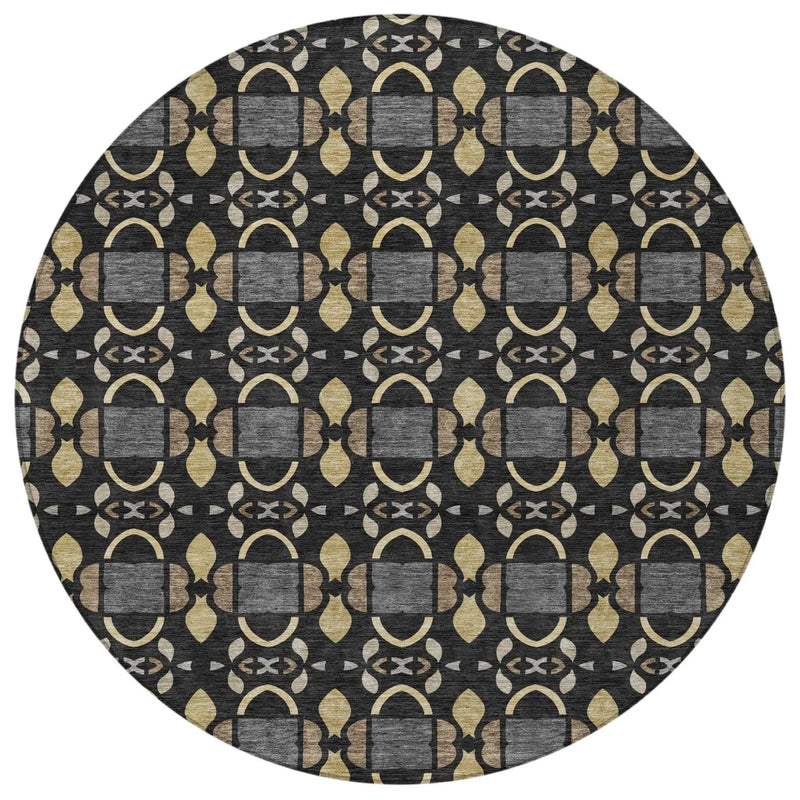8' Black And Graphite Round Striped Washable Indoor Outdoor Area Rug Homeroots Outdoor