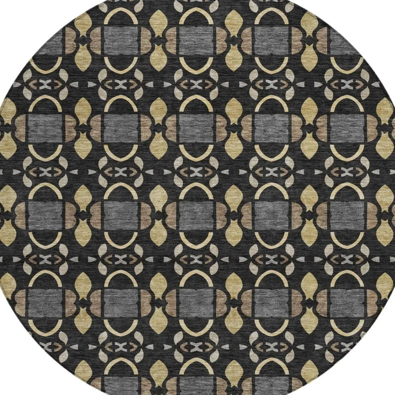 8' Black And Graphite Round Striped Washable Indoor Outdoor Area Rug Homeroots Outdoor