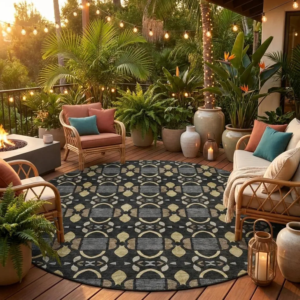 8' Black And Graphite Round Striped Washable Indoor Outdoor Area Rug Homeroots Outdoor