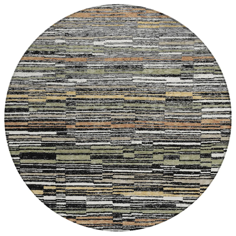 8' Black And Graphite Round Striped Washable Indoor Outdoor Area Rug Homeroots Outdoor