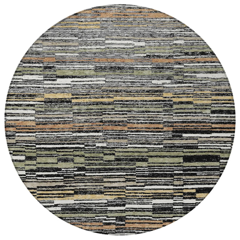 8' Black And Graphite Round Striped Washable Indoor Outdoor Area Rug Homeroots Outdoor