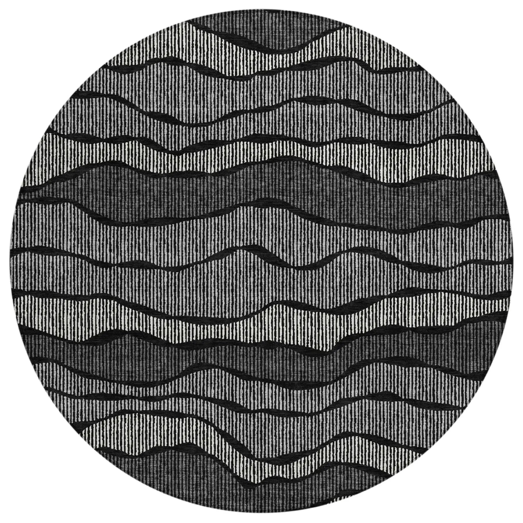 8' Black And Graphite Round Striped Washable Indoor Outdoor Area Rug Homeroots Outdoor