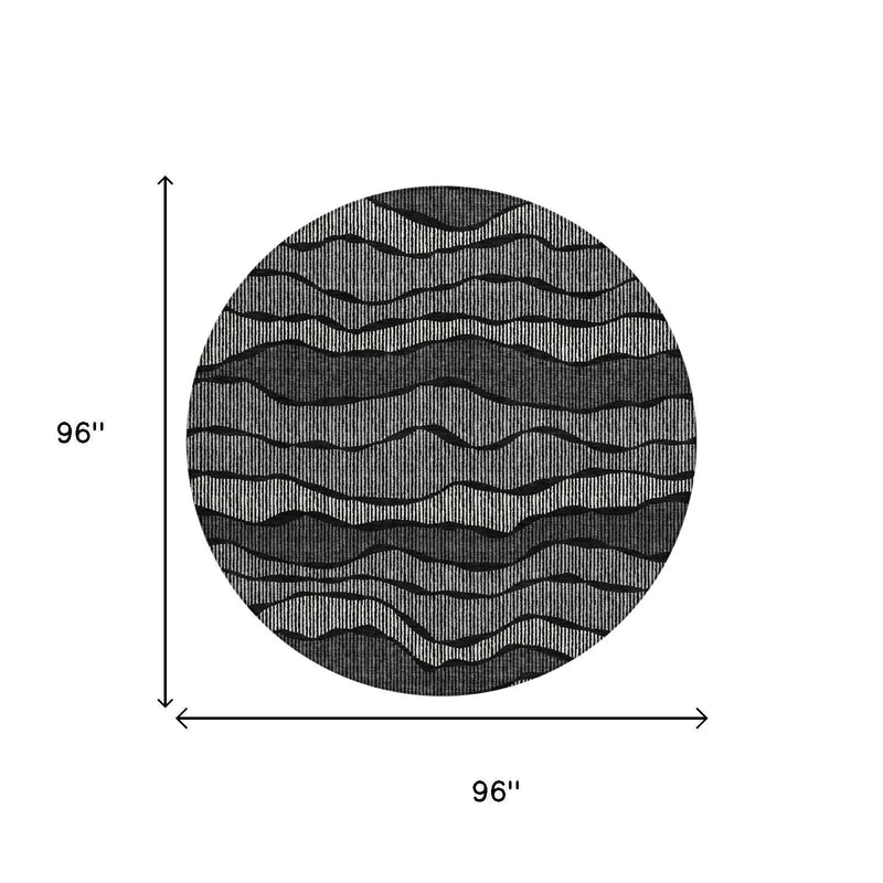 8' Black And Graphite Round Striped Washable Indoor Outdoor Area Rug Homeroots Outdoor