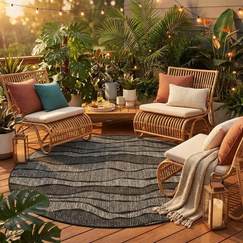 8' Black And Graphite Round Striped Washable Indoor Outdoor Area Rug Homeroots Outdoor
